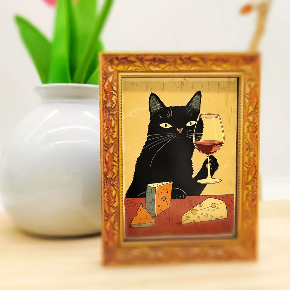 Wine Beer Refrigerator - 1つのエレガントな黒猫の冷蔵庫用マグネット、木製ミニ壁掛け、猫のワインテイスティングデザイン、楽しい木製マグネット、クリエイティブな家の装飾品