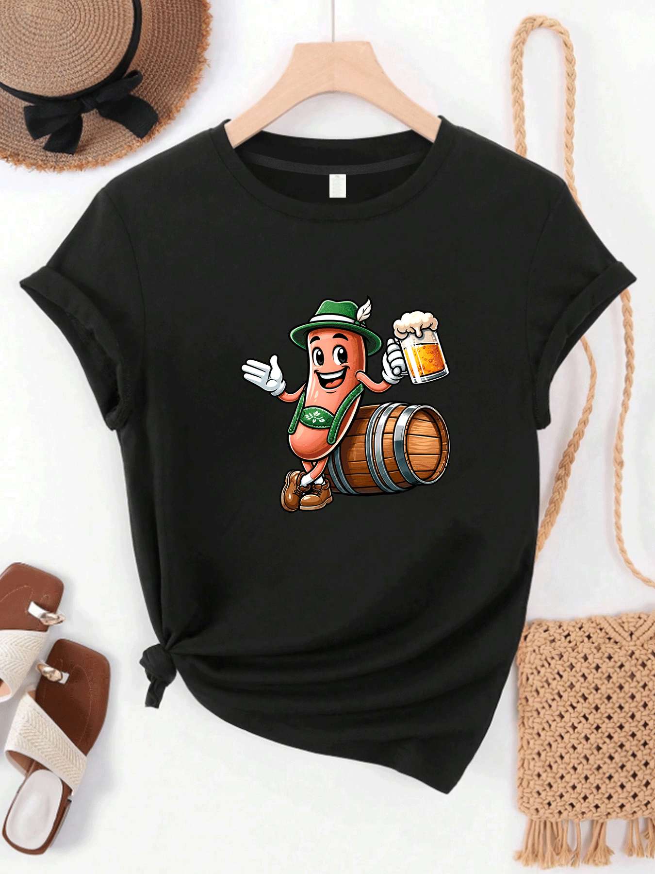 Beer And Wine Festival - 【MYJ062655】ビール祭り レディース Tシャツ ワイン樽小柄柄 ラウンドネック半袖 Tシャツ