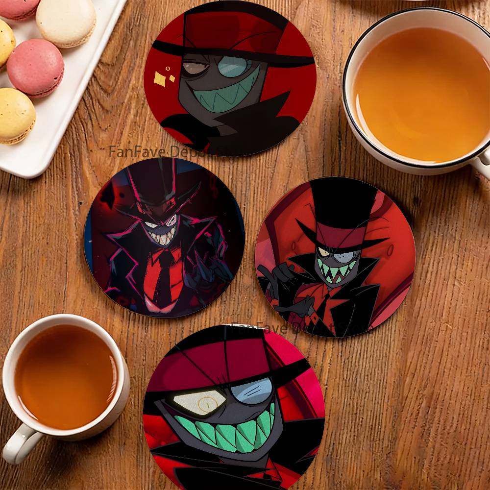 Wine Beer Hat - ブラックハット V-Villainous 2Dパターン 丸型木製コースター コーヒーショップ、バー、ワイン、ビールで使用するための装飾的なコーヒーカップ用コースター